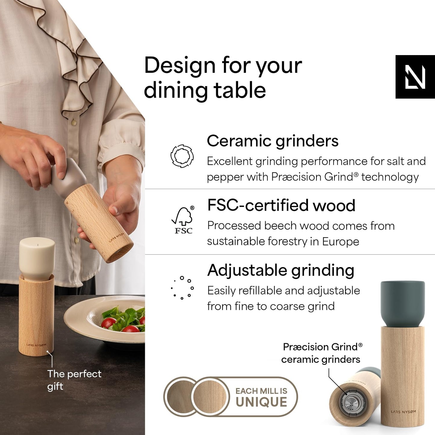 LARS NYSØM Wooden Salt and Pepper Grinder Set Manual with Tray - Salt and Pepper Mills with Adjustable Ceramic Grinder - Elegant Beechwood Pepper and Salt Mill Set for Dining Table (Stone Blue)
