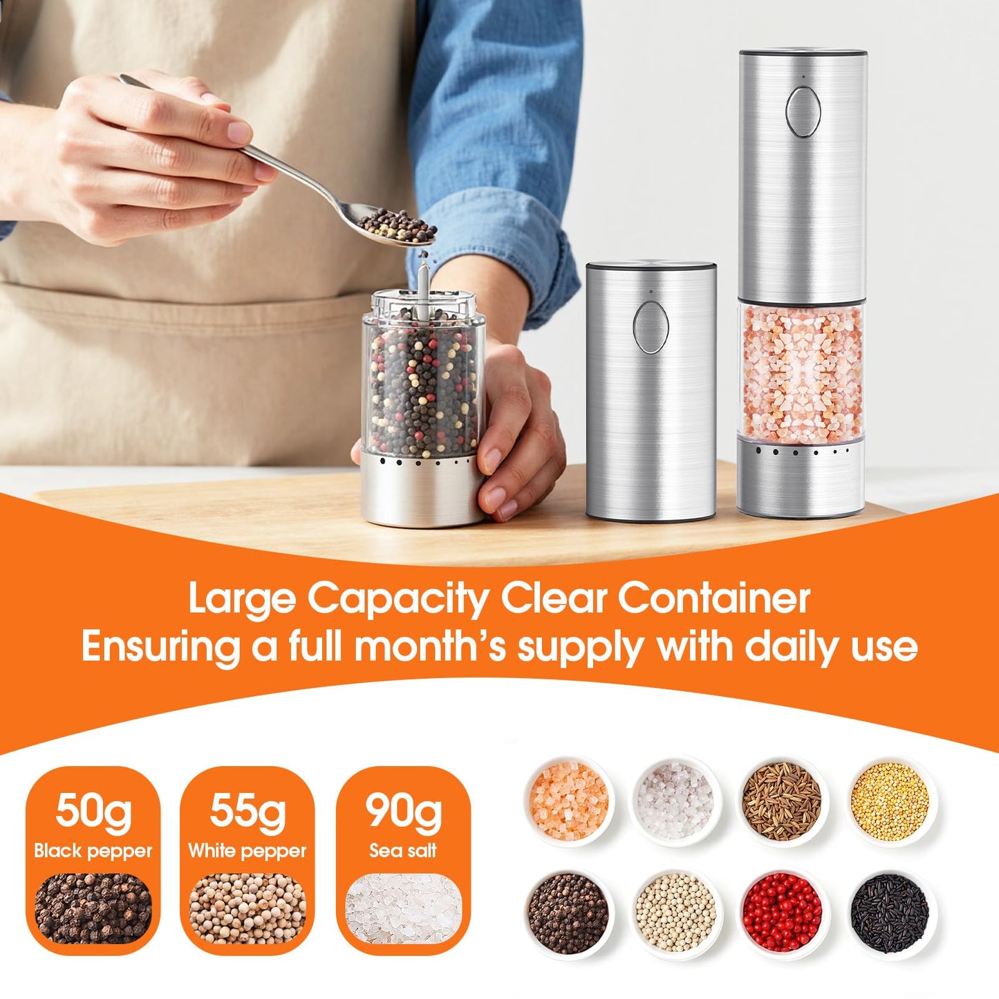 WOWBOX Electric Salt and Pepper Grinder Set 2 PCS, Stainless Steel Automatic Coarseness, Rechargeable Salt and Pepper Shakers, 95 L Large Capacity Multifunctional Pepper Mill, for Kitchen