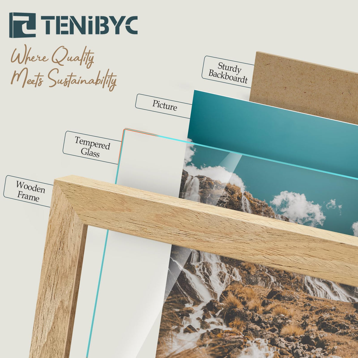 TENIBYC 5x7 Picture Frame 4 Pack, Natural Wood Photo Frame, HD Tempered Glass, Table Display or Wall Hanging