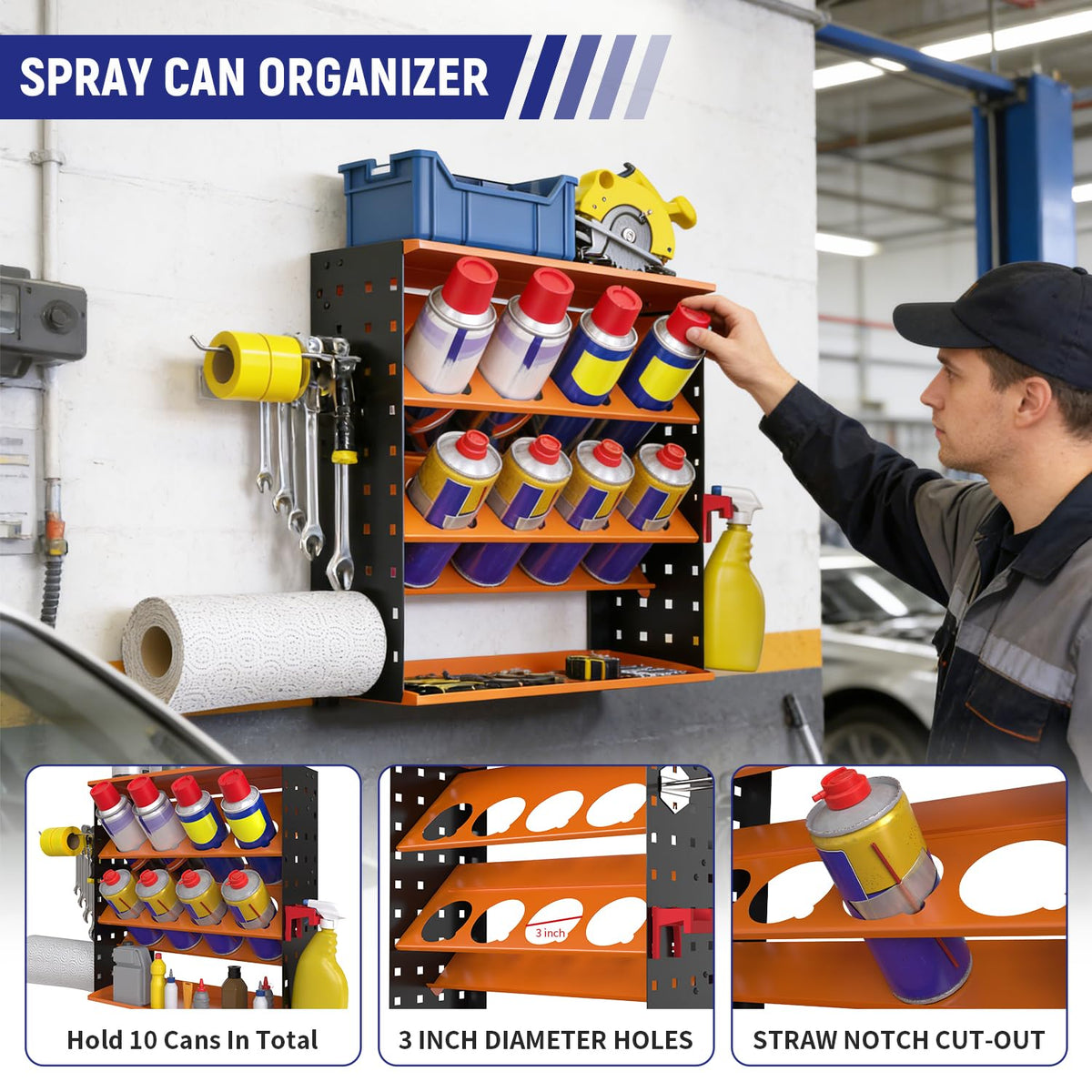 Wall Mount Spray Can Holder, Aerosol Spray Bottle Holder Storage Rack, Heavy-Duty Paint Bottle Organizer with 8 Can Holes & 4 Steel Hooks, 4 Plastic Hooks for Garage, Shop, Home or Tool Trailer