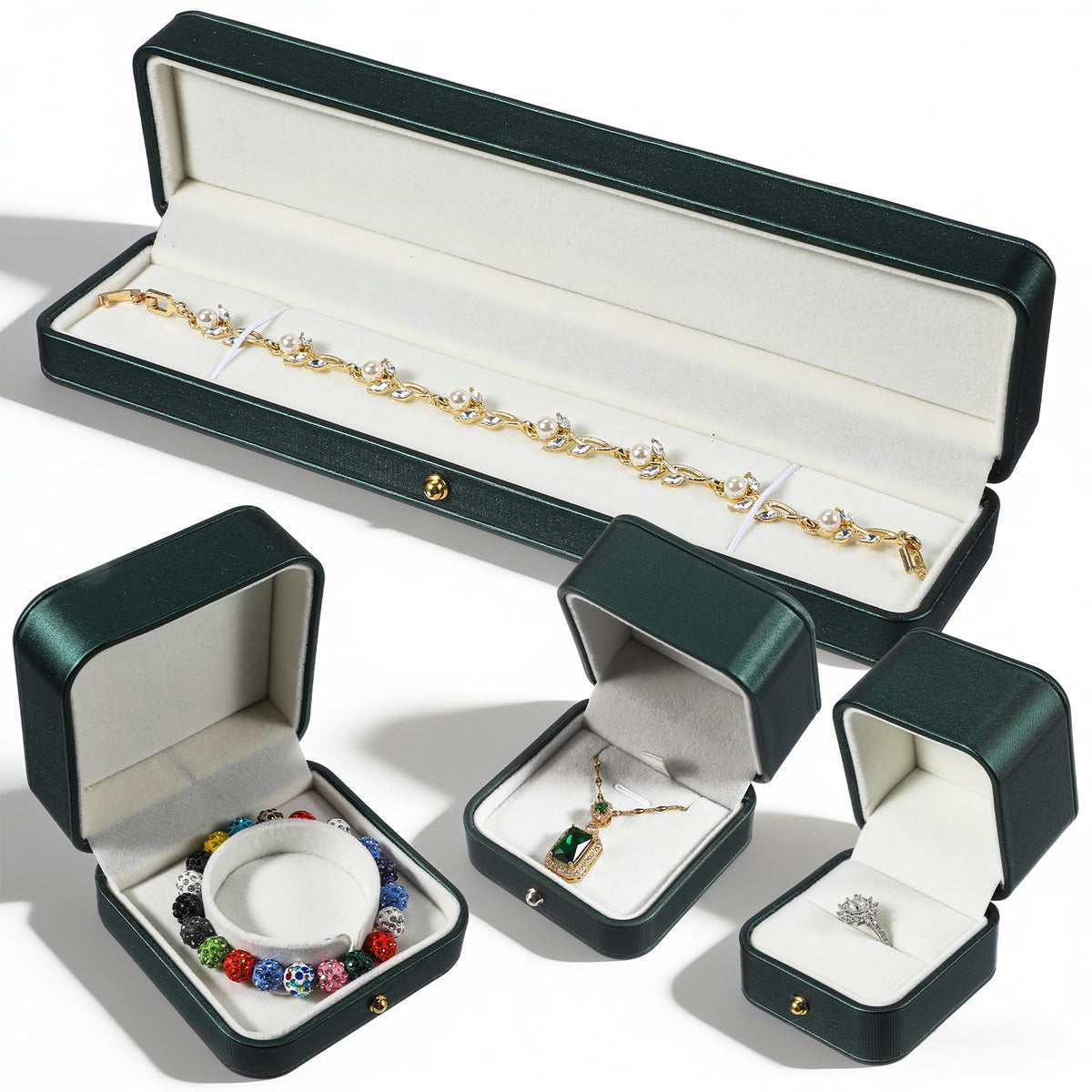 moheaaei 4 Pcs Jewelry Gift Box Set, Green Velvet Gift Box for Ring Long Necklace Chain Bangle Bracelet Ring Jewelry Boxes for Engagement Proposal Weeding
