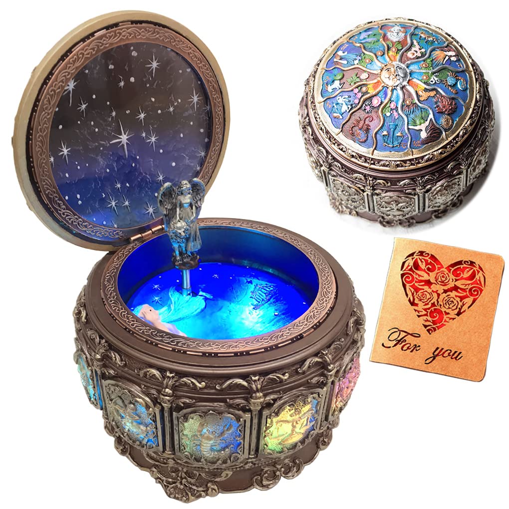 Vintage Music Box with Constellations Rotating Goddess LED Lights Twinkling Resin Carved Mechanism Musical Box with Sankyo 18-Note Wind Up Signs of The Zodiac Gift for Birthday (A1 Upgraded)