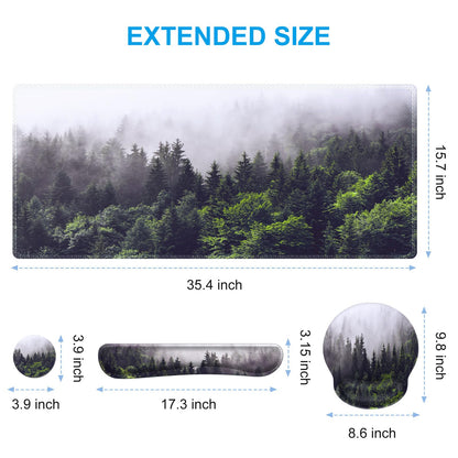 iCasso Desk Mat, Gaming Mouse Pad Wrist Support Set,4in1 XXL Large Mousepad + Keyboard Wrist Rest+Mouse Wrist Rest+Coaster Set with Ergonomic Design for Home Office Table Computer-Forest