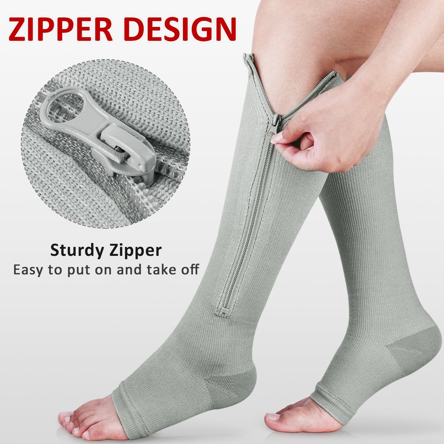 Ailaka 3 Pairs Compression Socks with Zipper, 15-20 mmHg Medical Knee High Compression Socks for Men Women, Open Toe Socks for Varicose Veins, Edema, Recovery