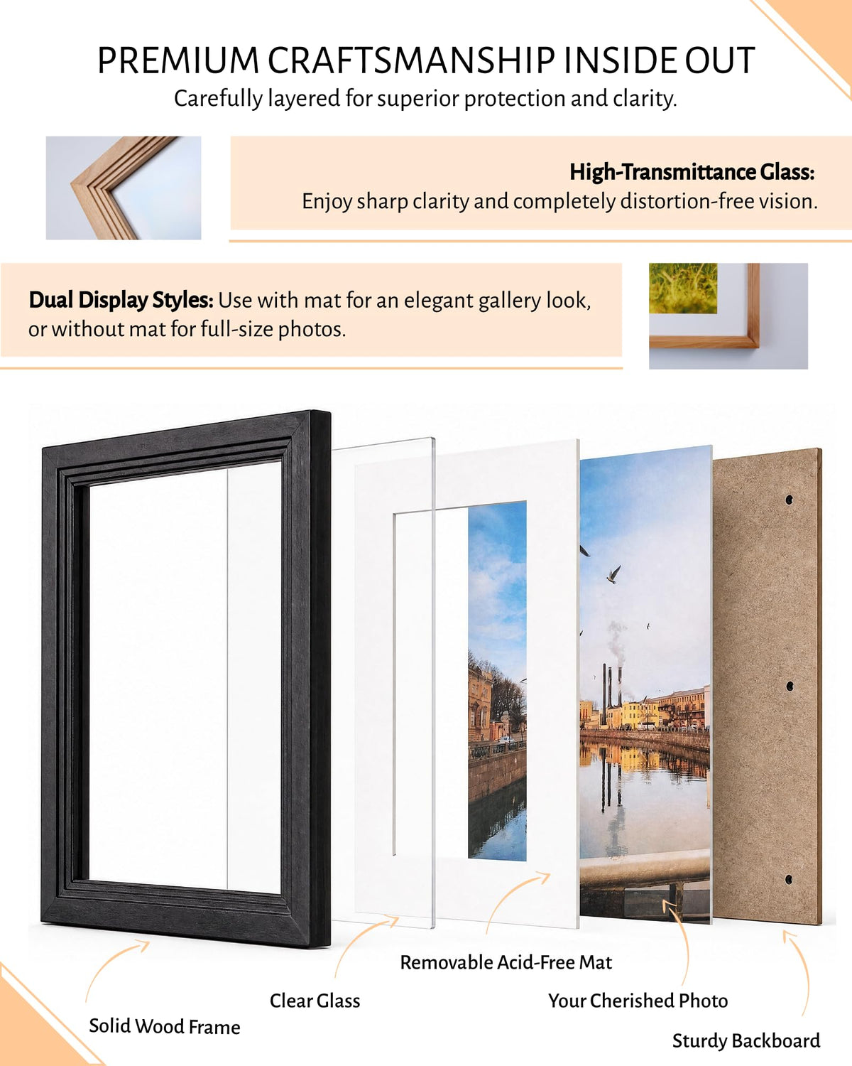 Exper City 11x14 Wooden Picture Frame, Displays 11x14 Without Mat or 8x10 With Mat, Solid Wood Colorful Photo Frame for Wall, Real Glass, Rustic Stepped Edge Design, 2 Pack, Black