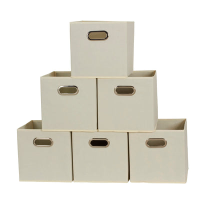 Fabric Storage Bins 6 Piece Set, Strong Poly-Woven Fabric, Sturdy Chipboard Sides, Grommet Front Handle, Stackable and Foldable, Classic Design, Cream