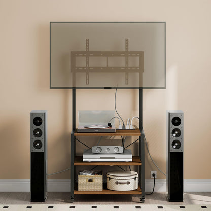 HOOBRO Rolling TV Stand with Mount and Power Outlet Up to 55 inch TV, Corner Entertainment Center, Small TV Stand with 3-Tier Storage Shelves for Living Room, Bedroom, Rustic Brown and Black BF66UDS01