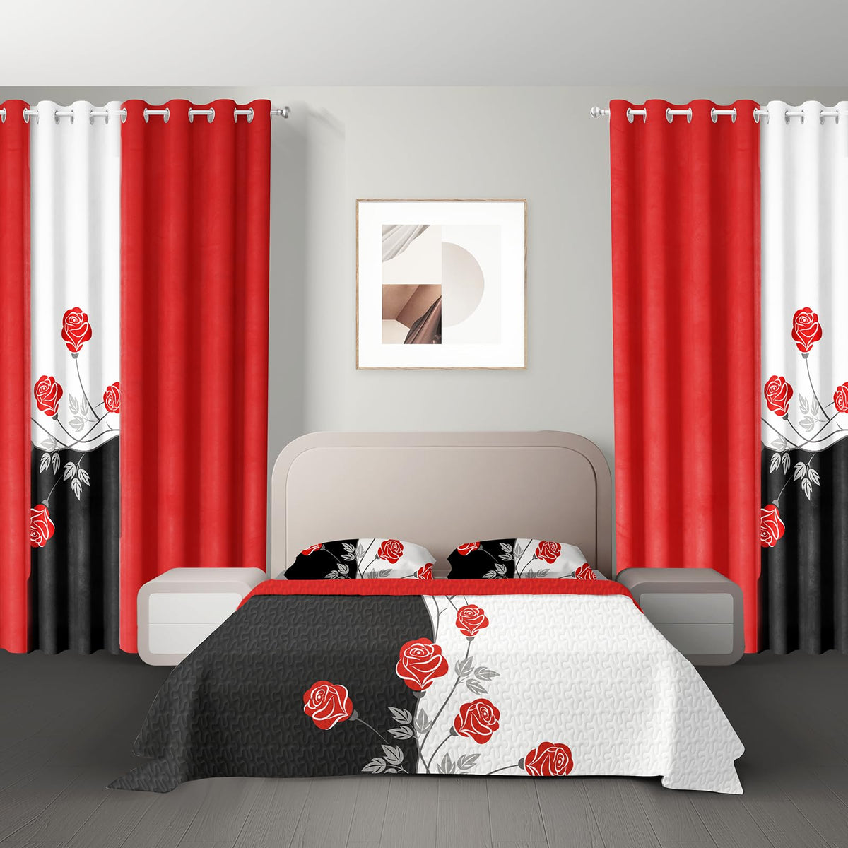 Deepsleep Queen Bedspread Set 9 Pieces, All Season Luxury Bed in a Bag for Bedroom, with 2 Pillowcases and 6 Curtains, Ultra-Soft Microfiber for Complete Bedroom Decor, Black White Red Flowers