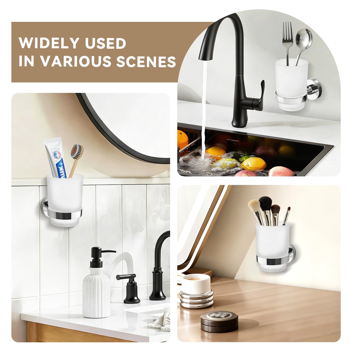 Toothbrush Holder Wall Mounted with Satined Cup with Chrome-Plated Holder,Metal Stainless Steel