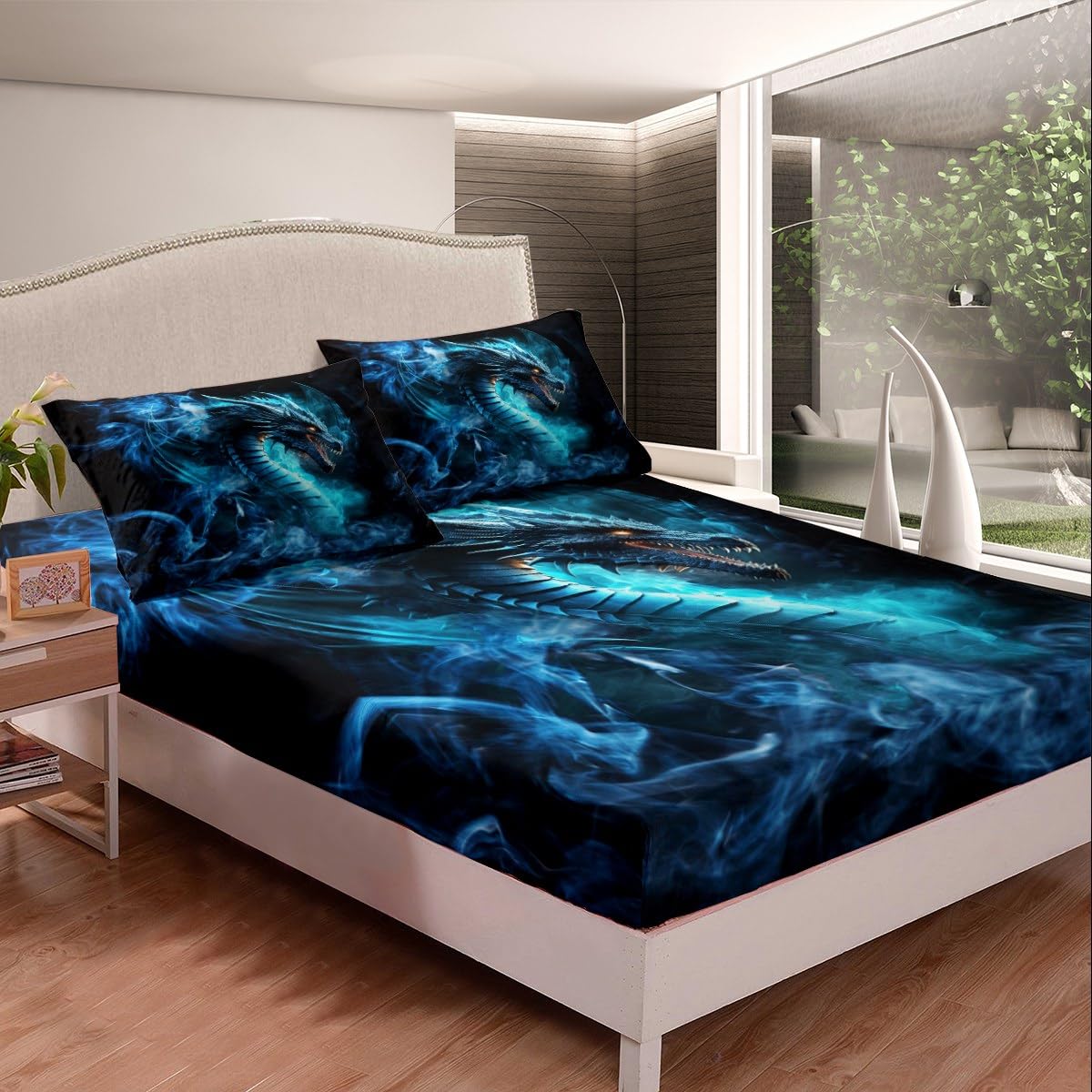 3D Dragon Fitted Sheet Queen Size,Black Blue Foggy Bedding Set 3Pcs,Western Magical Theme Animals Bed Sheet for Kids Boys Men Adult Room Decor,Cool Flying Dragon Deep Pocket Sheet,2 Pillowcases