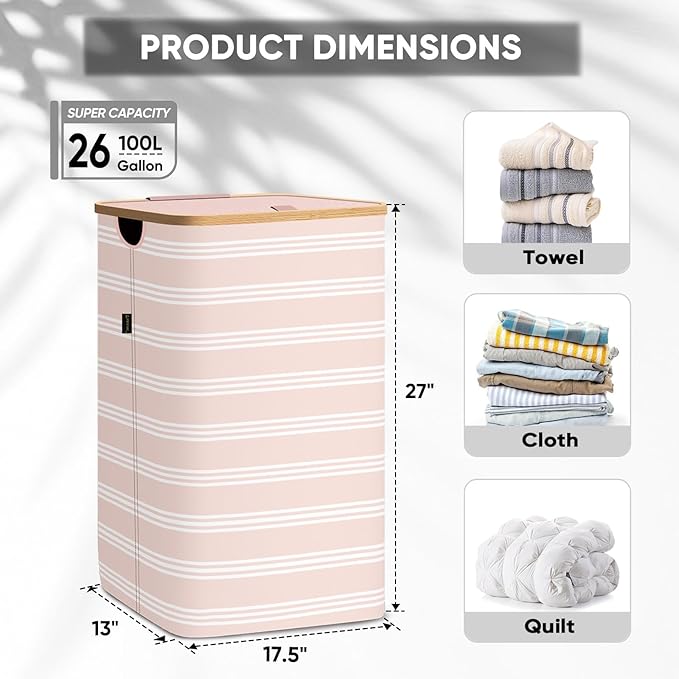 BALEINE Laundry Hamper with Lid, Tall Laundry Baskets with Bamboo Pull Handles