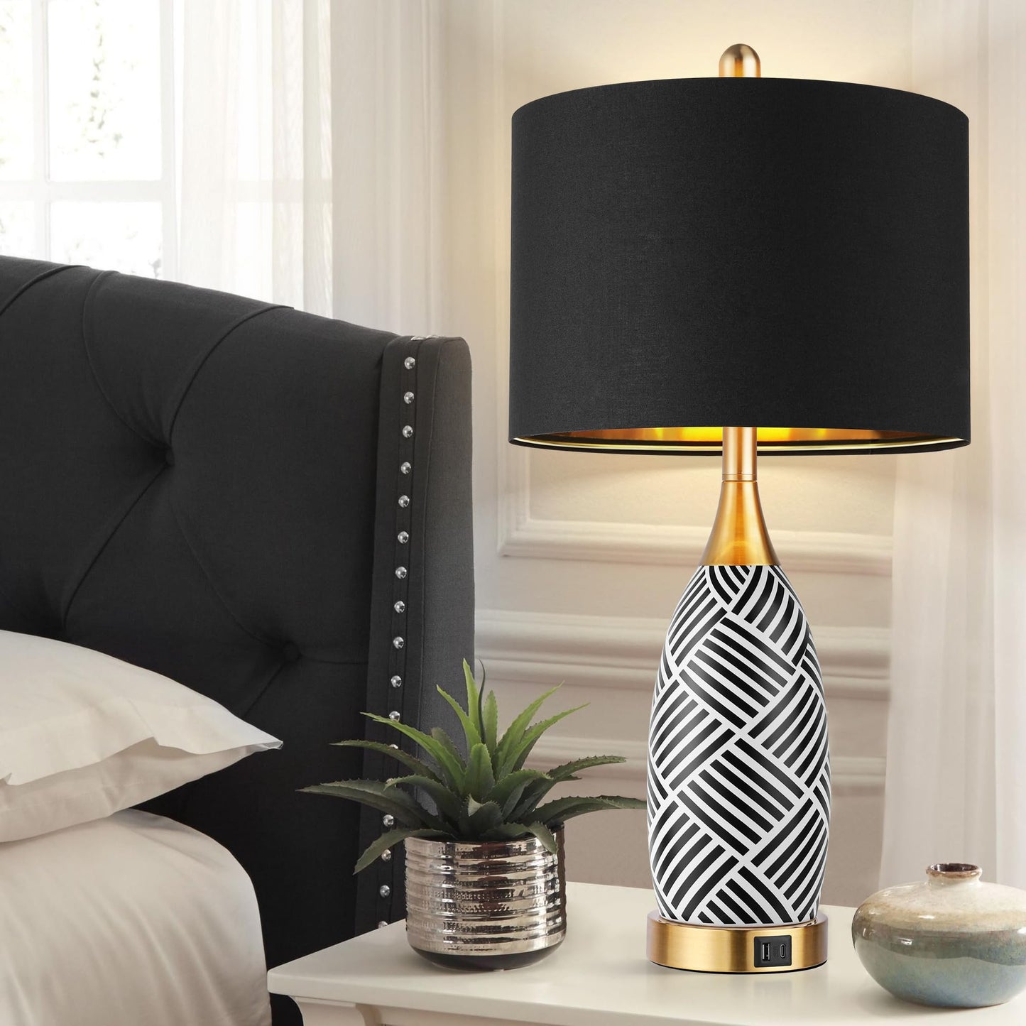 25.5" Touch Control Black and Gold Lamp,3-Way Dimmable Modern Ceramic Table Lamps with USB & Type-C Ports,Classic Black/White Striped Bedside Lamps for Bedroom Living Room Office(Bulbs Included)
