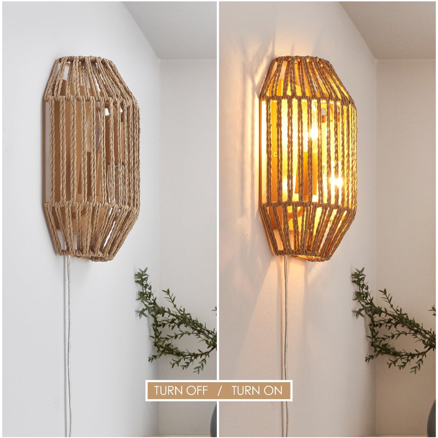 MhyTogn Natural Rattan Plug-in Wall Sconce Set of 2, with Boho Woven Wicker Shade Antique Brass Brush Paint Finish for Vanity Stairway Fireplace Living Room Bedside Passway Hallway