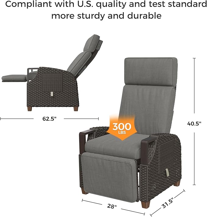 Grand patio Outdoor Recliner with Independent Adjustable Back and Footrest, Air Pump 150° Lay Flat Reclining Chair Removable Olefin Cushion Flip-Up Table Wicker Grey 1PC