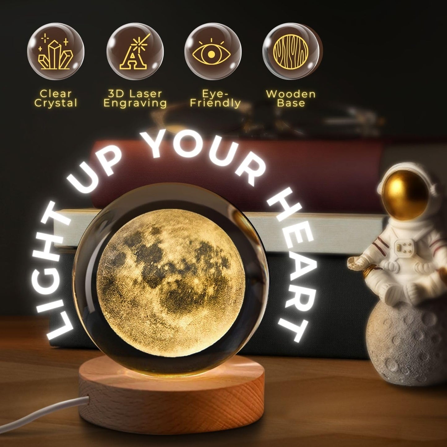 Flexzion 3D Moon Crystal Ball Night Light - LED Light Hologram Glass Lamp with Solid Wood Base, USB Powered Crystal Ball Lamp with Adjustable Brightness for Home Decor Display Gift, 2.4inch(60mm)