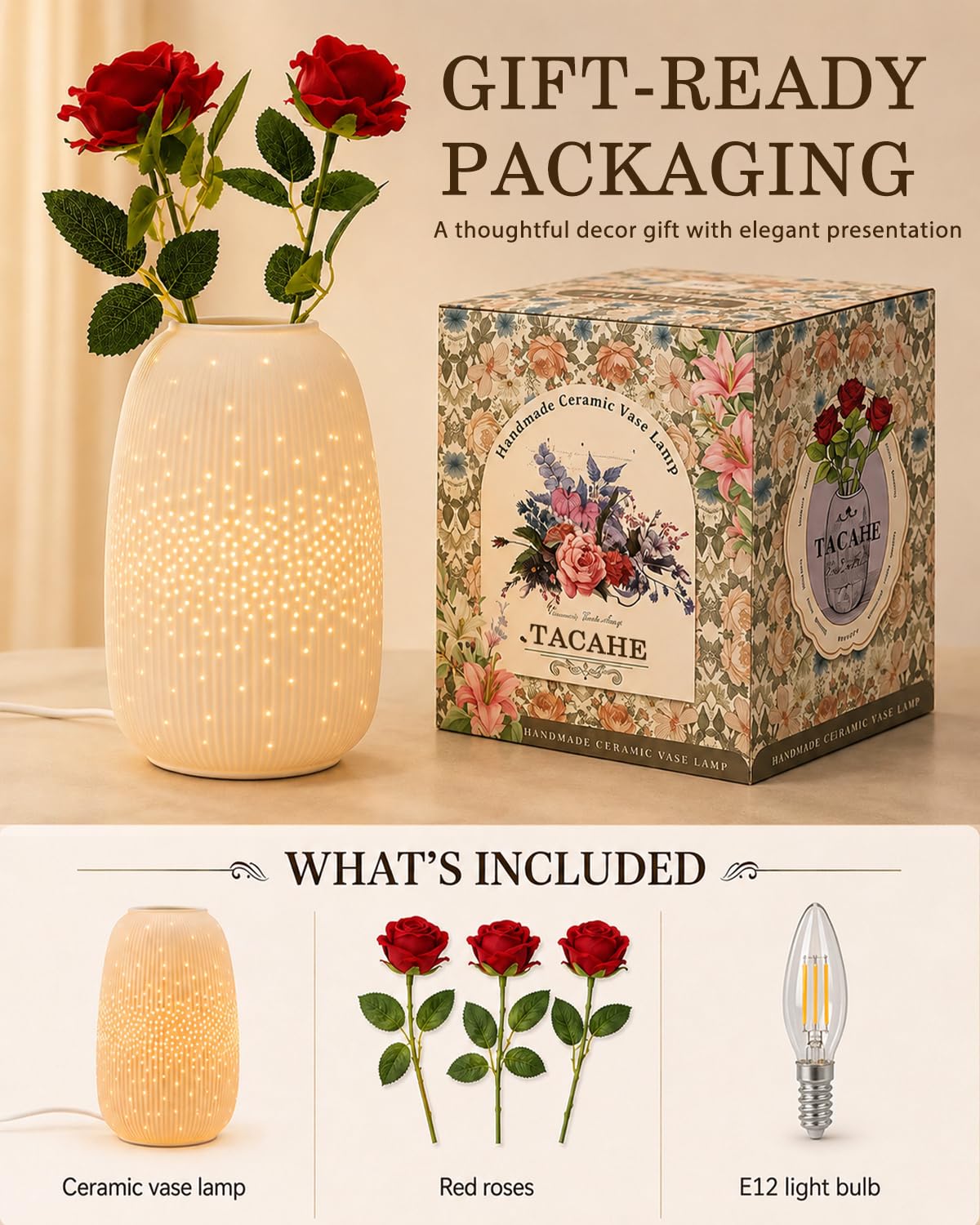 TACAHE Ceramic Vase Table Lamp, 2700K Bulb & 3 Artificial Flowers Included, E12 Socket, Inline Switch, Handmade Openwork Craft, Ambient Light for Living Room Bedroom - Starry 9.3"