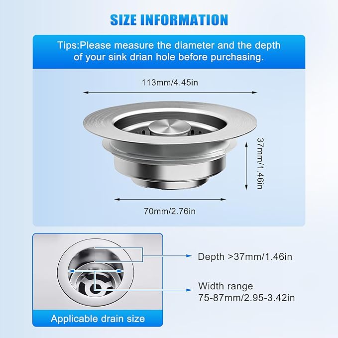 Kitchen Sink Drain Strainer 3-in-1, Pop-Up Stopper & Anti-Clogging Basket