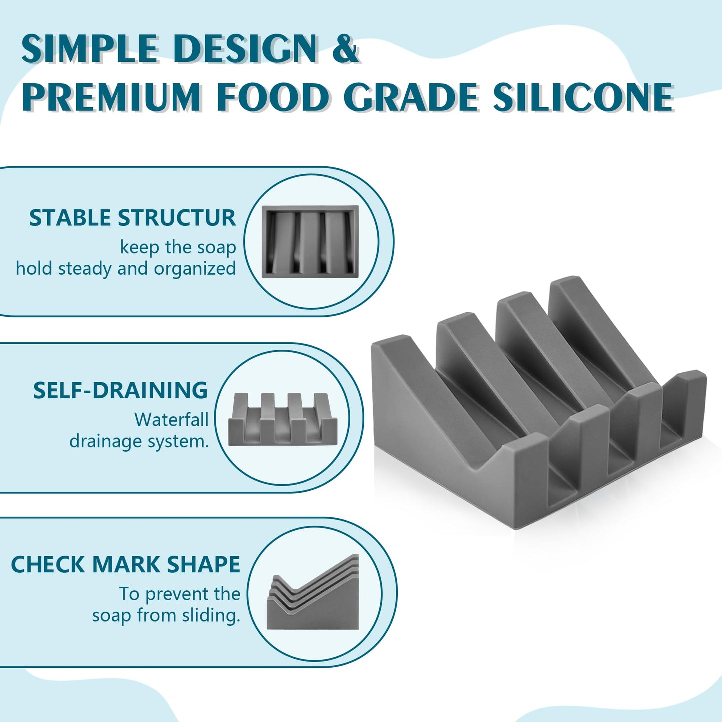 Coipdfty Self Draining Soap Dish Holder,Silicone Soap Dish,for Bathroom,Kitchen, Sponges，Can Extend Soap Life，Keep Soap Bars Dry and Easy Cleaning (Grey,2-Pack)