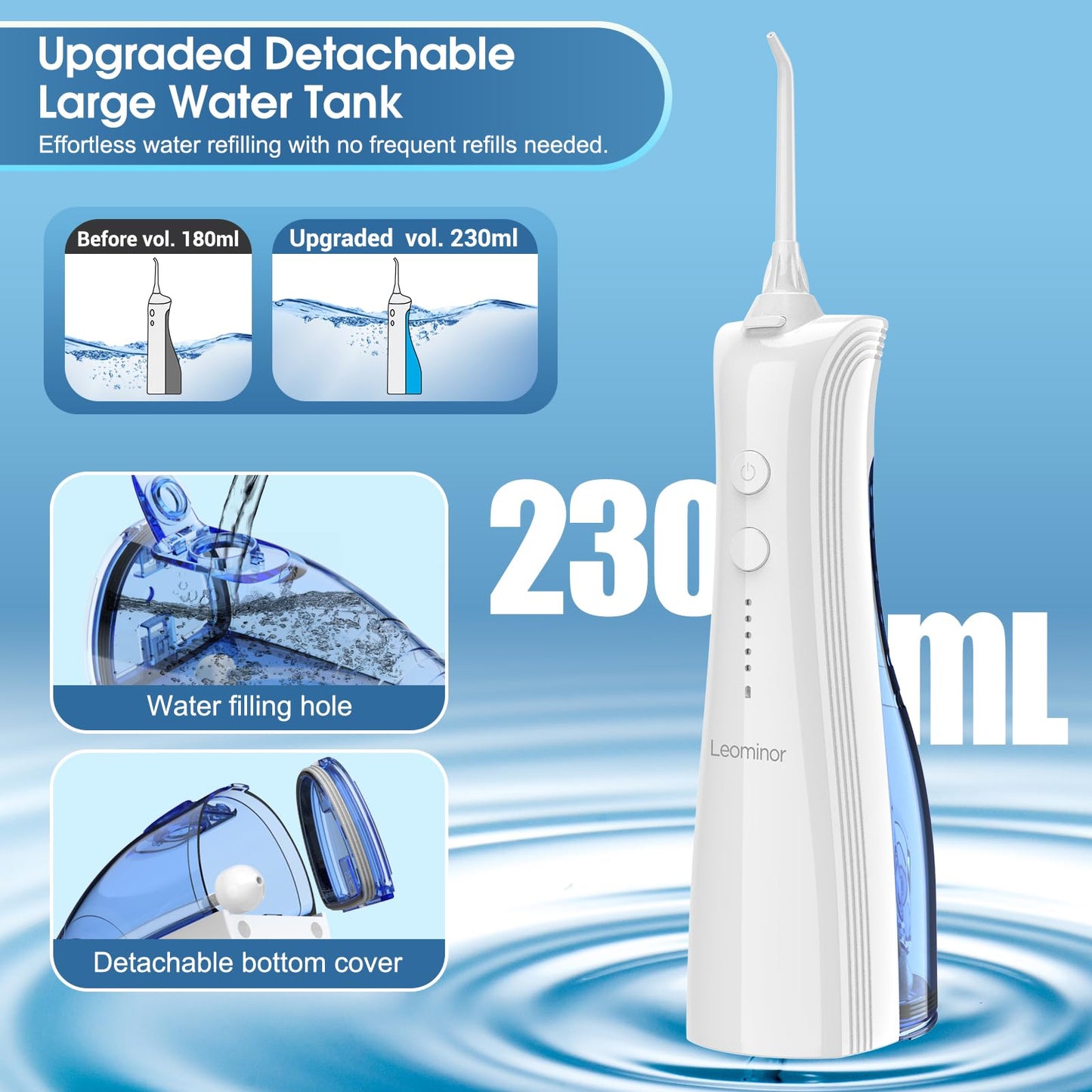 Leominor Water Dental Flosser - 5 Modes Cordless Portable Oral Irrigator, IPX7 Waterproof, Rechargeable Teeth Cleaner Upgrade Datchable Tank Professional Flossing Cleaning Pick for Home Travel (Black)