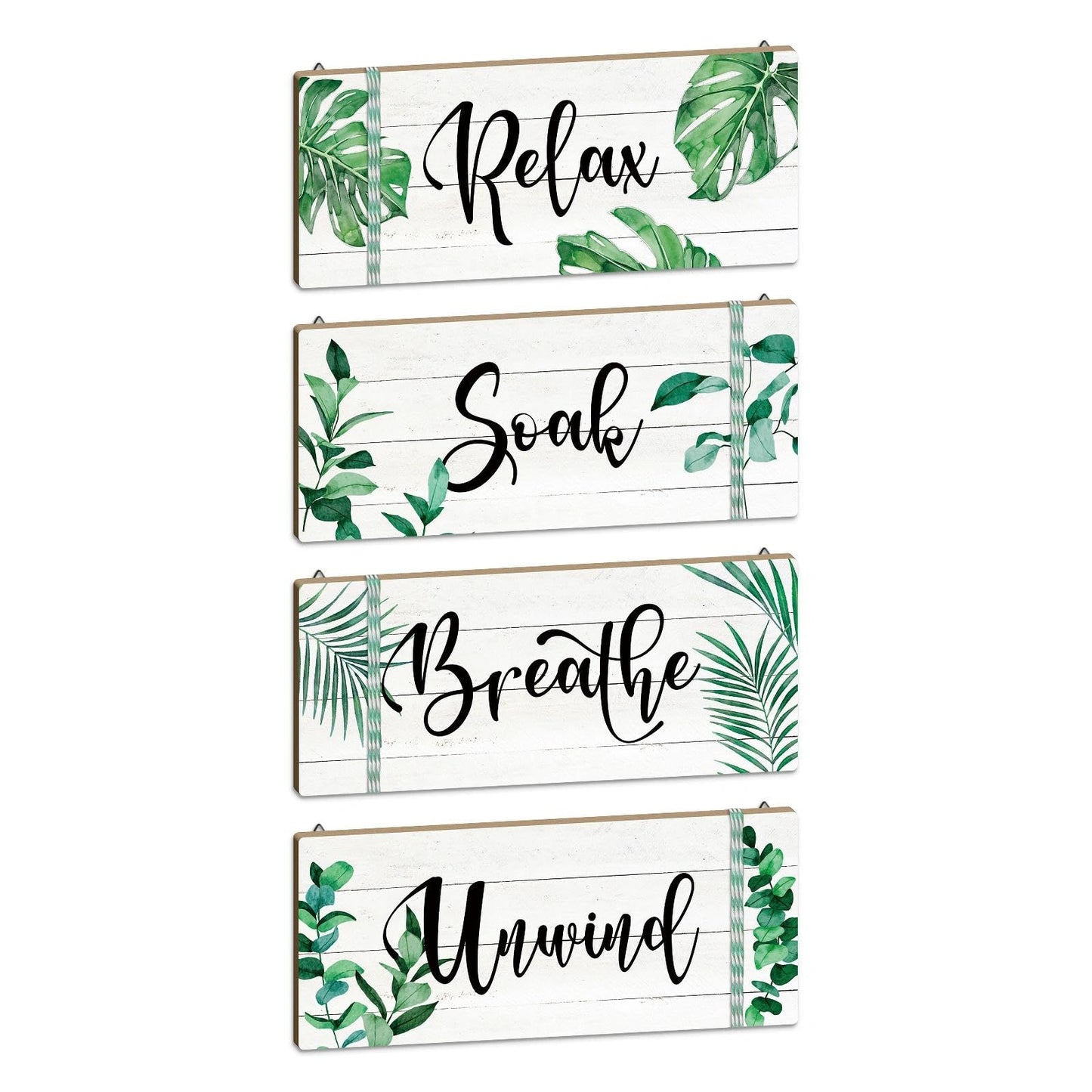 Putuo Decor Bathroom Wall Decors Relax Soak Breathe Unwind Wall Decor Set of 4, Botanical Bathroom Quote Wood Sign Panels, Spa Style Hanging Wall Art for Bathroom, Bedroom, Yoga Room, Apartment