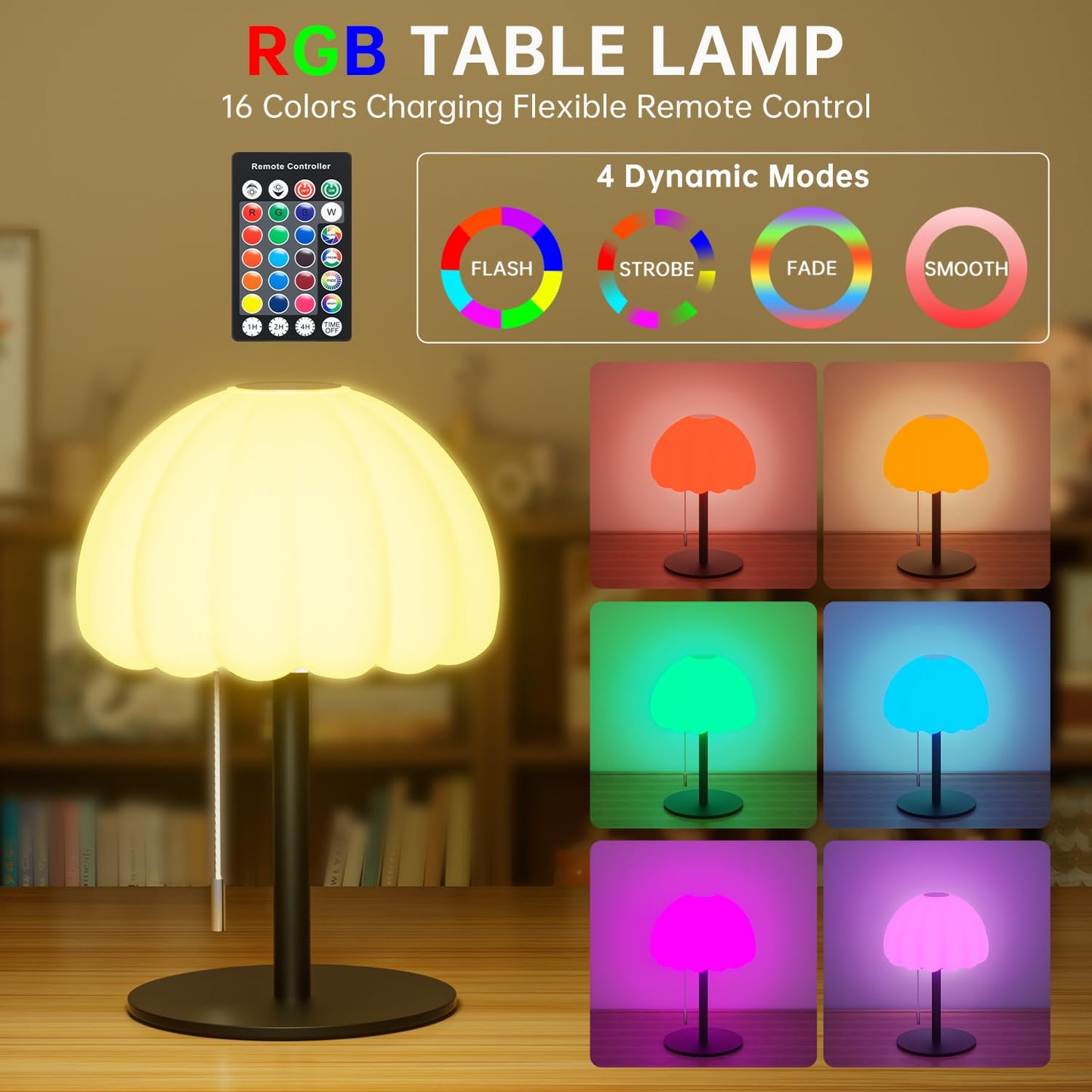 BYSYGLOBE Touch Bedside Table lamp, RGB Mode Dimmable Small Lamp for Bedroom, Pull Chain Table Lamps with 4 Light Modes, Multi-Color Nightstand Lamp for for Living Room Home Gifts
