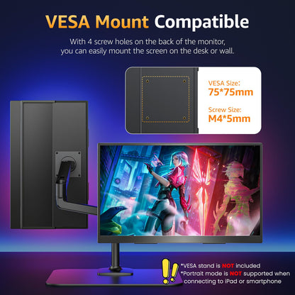 Portable Monitor 15.6" FHD 87% sRGB 60Hz IPS HDR HDMI USB-C Travel Monitor for Laptop MacBook PC Surface PS5 Xbox, External Display with Kickstand & Speakers, VESA Compatible