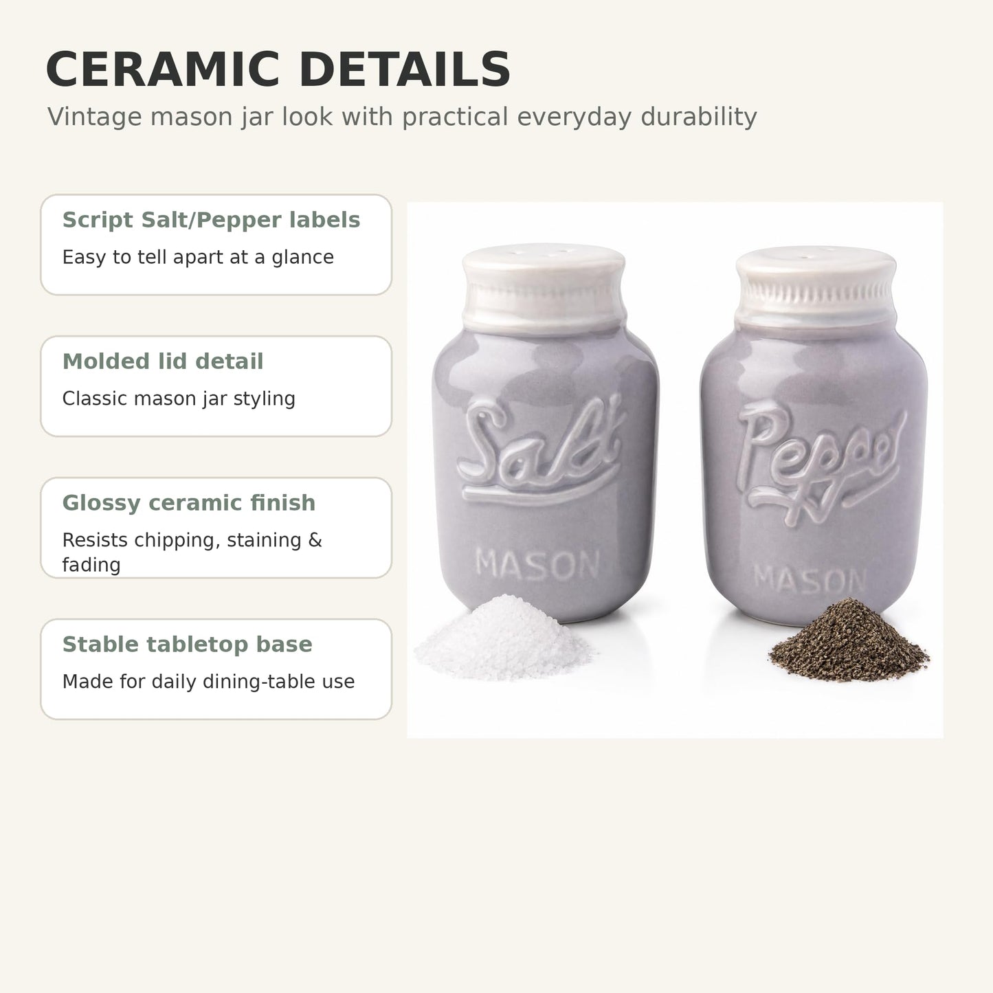 Comfify Grey Mason Jar Salt and Pepper Shakers – 3.5 oz Modern Farmhouse