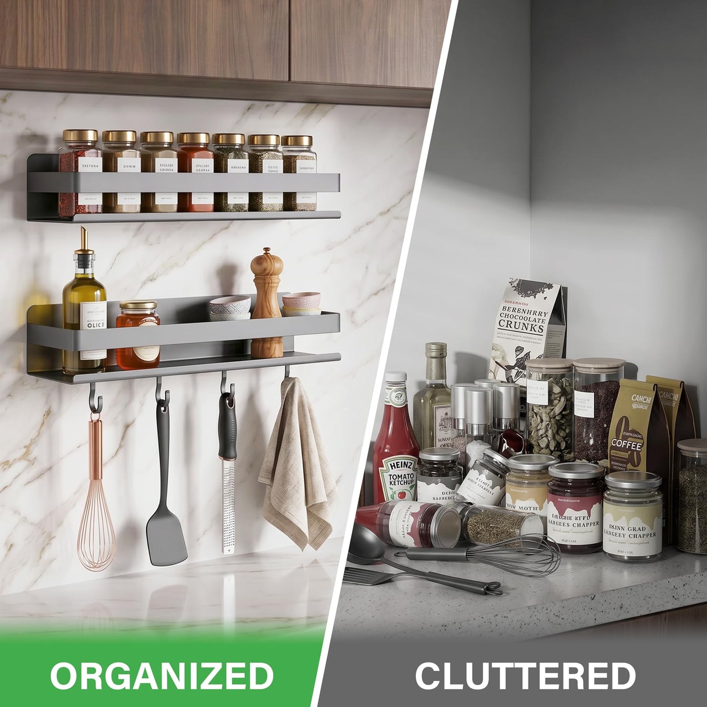 TIMBERHIDE 2-Pack Wall Mount Spice Rack,Easy to Install on the anywhere,Carbon Steel Kitchen Organizer with Hooks for Oil Salt Seasonings&Bathroom Toiletries,Grey