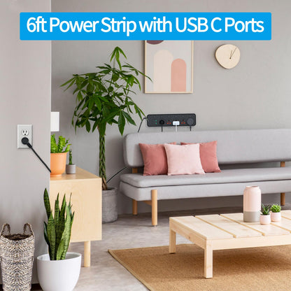 Flat Plug Power Strip with Individual Swtich, Jumpso 6ft Universal Extension Cord with 5 Outlets and 2 USB 4 USB C Ports, Max 3000w, 110-240v, Multiple Outlets Plug Adapter for Office Travel