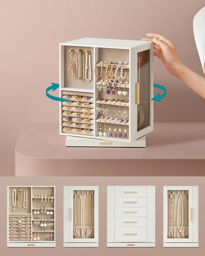 SONGMICS Jewellery Box 360° Rotating, Jewellery Organiser with 5 Drawers, Jewellery Display Case, Glass Window, Spacious, Vertical Jewellery Storage, Open Design, Great Gift, Cloud White JBC170W01
