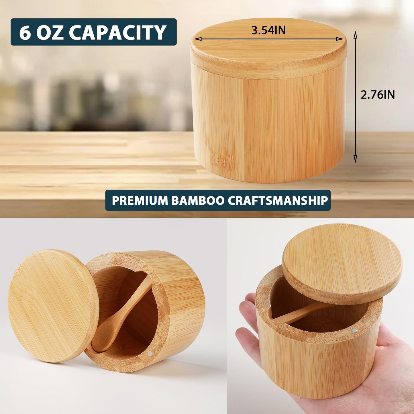Timtopno Bamboo Salt Cellar, 2 PCS Salt Container with Built-in Spoon, Salt Box Bowl with Magnetic Swivel Lid, Elegant Kitchen Salt Holder Saver Jar to Storage Pepper Spice Sea Salt for Countertop
