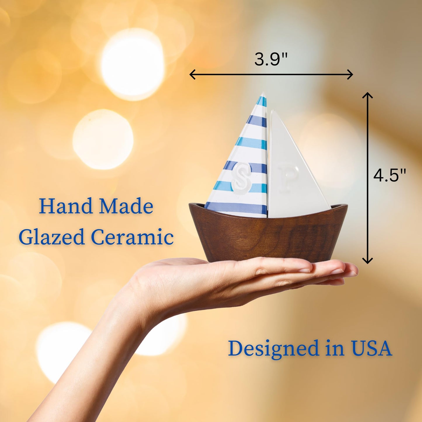 UNEAK -Handcrafted Ceramic Cute Sailboat Salt And Pepper Shaker with Cherry Wood Base/Boat Elegant (2 Pcs Set) Gift Shakers Set Compact Cooking, Kitchen and Dining Room, Classic, Refillable