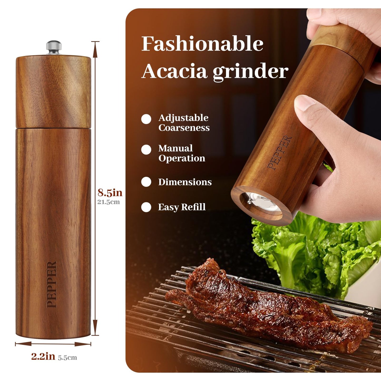 Acacia Wood Salt and Pepper Grinder Set with Base - Adjustable Ceramic Rotor Manual Pepper Mill and Salt Shaker - Refillable Wooden Spice Grinders for Kitchen Cooking, Farmhouse Decor & Gifts