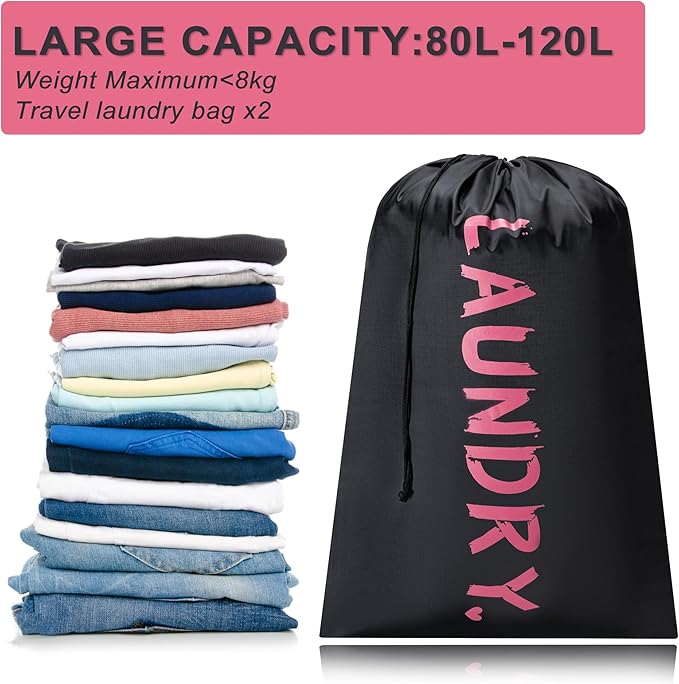 2 Pack XL Travel Laundry Bag, Machine Washable Dirty Clothes Organizer