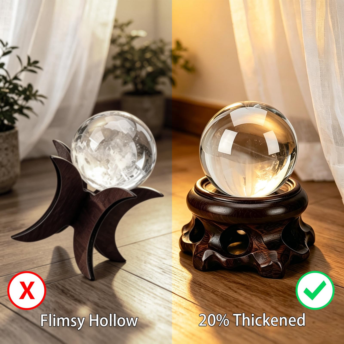 2.16" Hand Carved Solid Wood Crystal Ball Stand, 20% Thickened Heavy Duty Sphere Display Holder, Anti-Slip Integrated Stable Pedestal for 40-80mm Mineral Stone, Home Office Desktop Photography Decor