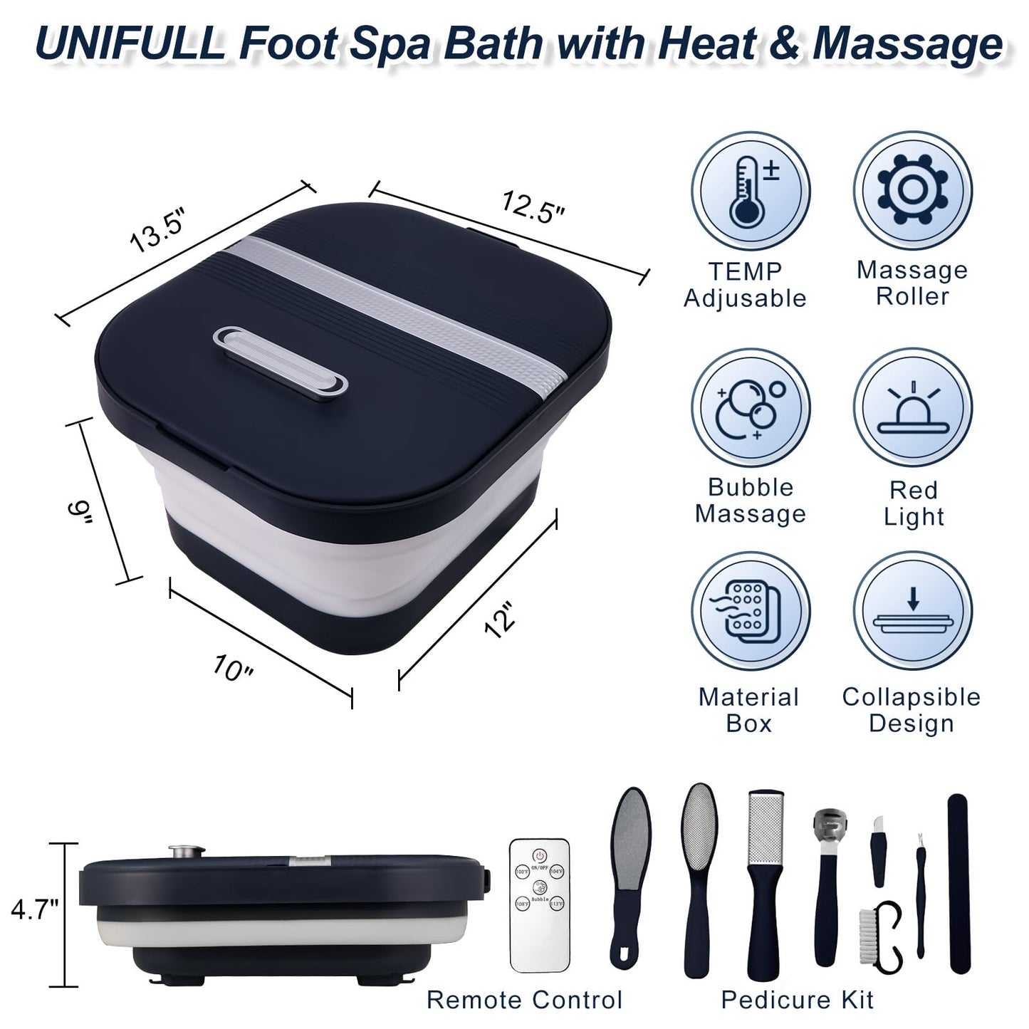 UNIFULL Collapsible Foot Bath Spa with Heat, Remote Control, Massage Rollers, Bubble, Foot Pedicure Kit, Red Light, Pedicure Foot Spa, Foot Bath for Gifts