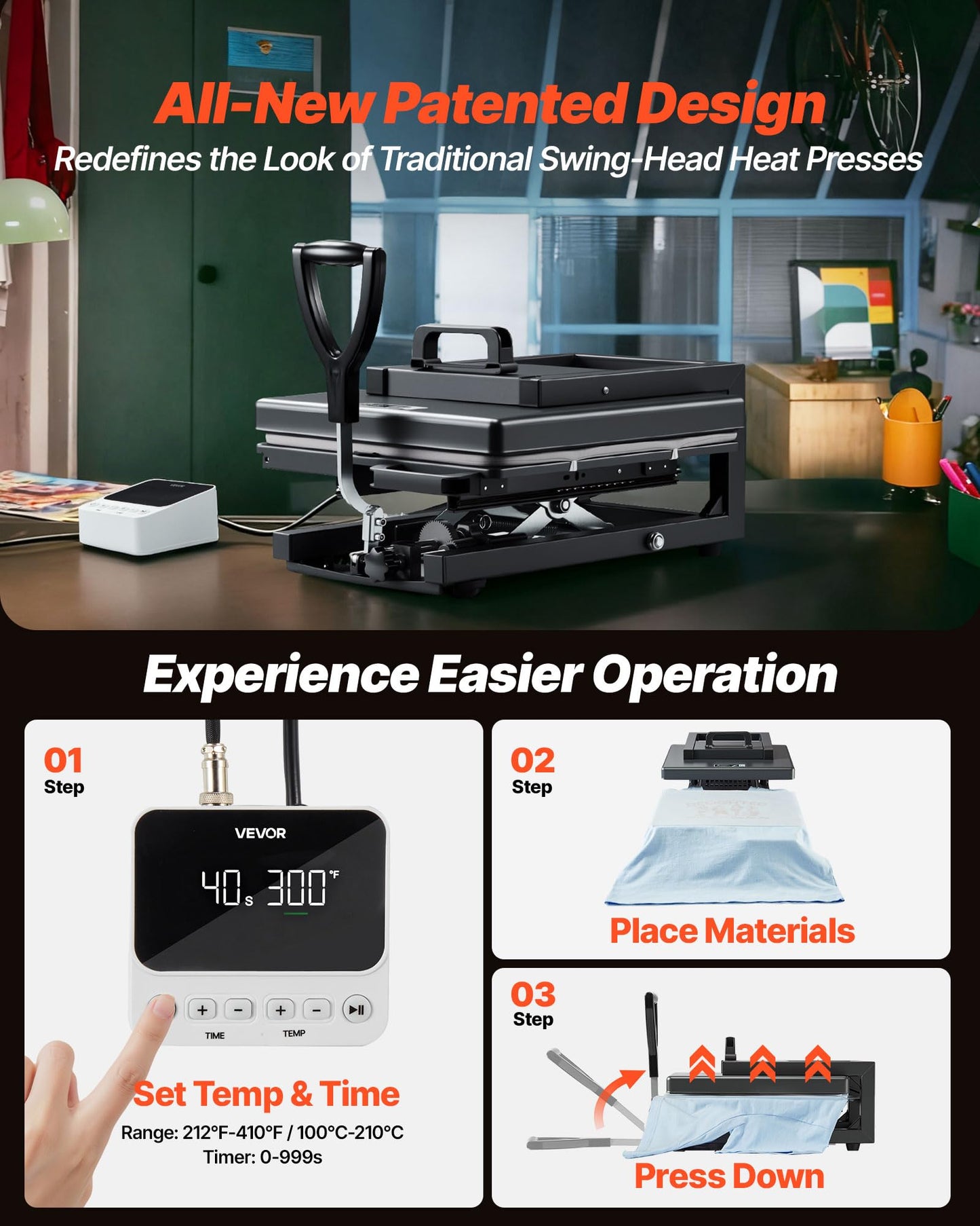 VEVOR Hybrid Heat Press, 15 x 15 inch, 5-in-1 Multifunction, Heat Up Fast and Even, All-New Patented Design, Easy to Control, Sublimation Press Machine for T-Shirts/Mugs/Tumblers/Caps/Plates, Black