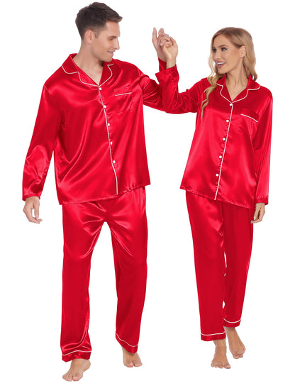 Ekouaer Couples Matching Pajamas Silk Long Sleeve Sleepwear Satin Soft Button Down Loungewear Pjs Set,Red,XXL