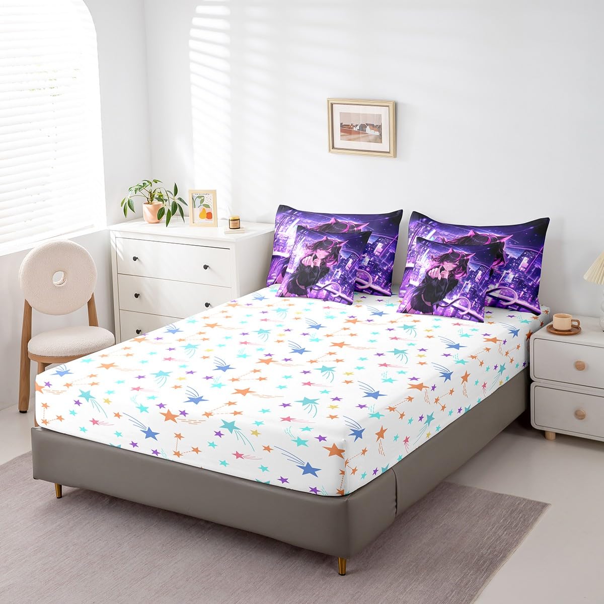 Erosebridal Kids Anime Girl Twin Comforter Set 7 Piece, Japanese Anime Bed in A Bag, Cartoon Girl Bedding Comforter Sets for Boys Teens Bedroom Decor, Kawaii Japanese Animation Bed Set