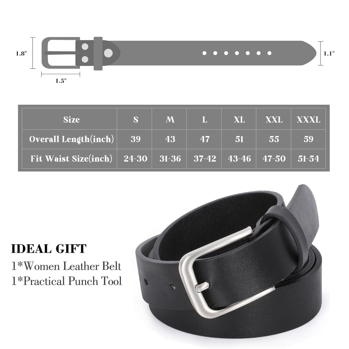 WHIPPY Women Casual Leather Belt for Jeans Pants, Fashion Ladies Waist Dress Belt (Fit Waist Size 37-42 Inches,Black)