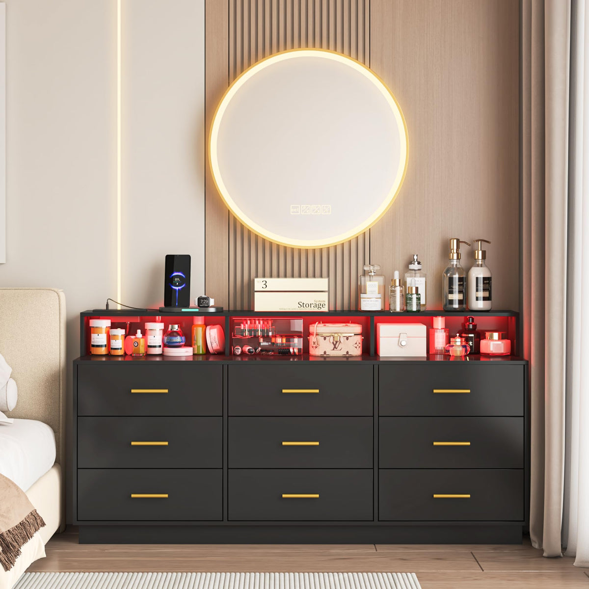knoworld Black 9 Drawer Dressers for Bedroom, Modern Large Dresser with LED Light and Power Outlet, Wooden Long Dressers, Triple Dresser for Bedroom, Entryway, Hallway