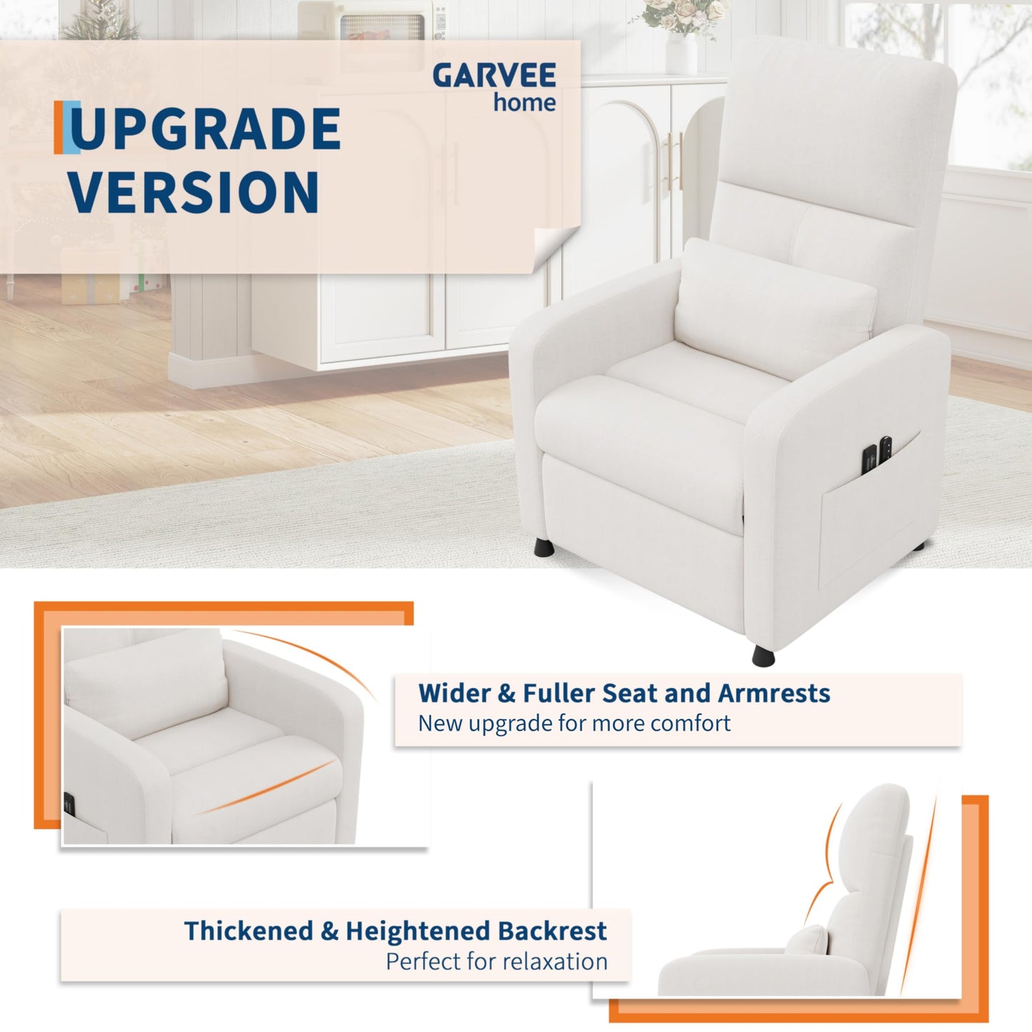 Garvee Power Recliner Chair, Adjustable Electric Recliner Ergonomic Overstuffed Single Sofa, Padded Seat, Side Pockets and USB Port, Home Theater Seating for Living Room