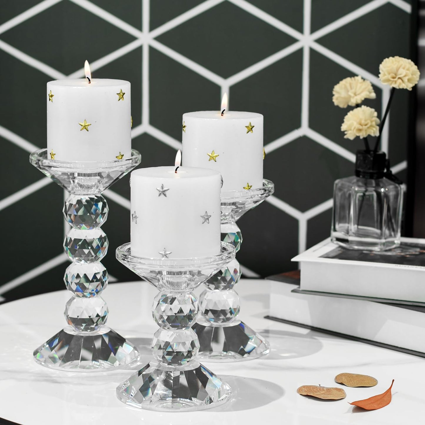 Kitcom Crystal Candlestick Holders Crystal Pillar/Taper Candle Holders, Tabletop Centerpieces for Party Wedding Banquet Decorations Set of 3, Comes with Gift Box(7.5''/6.3''/4.9'' Tall)
