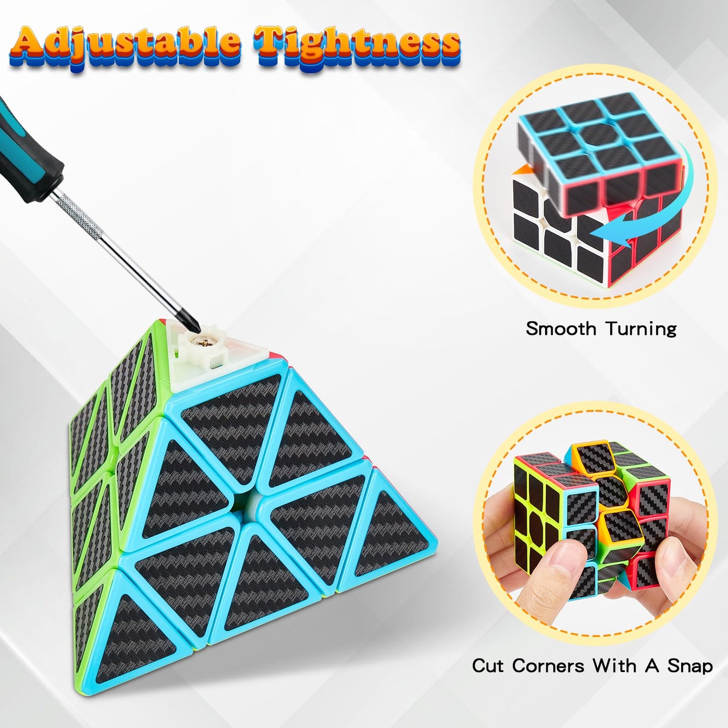 Coolzon Speed Cube Set 5 Pack Magic Puzzle Cubes Pyraminx Pyramid + Megaminx + 2x2x2 + 3x3x3 + 4x4x4 Cube Toys with Carbon Fiber Sticker for Kids Adults