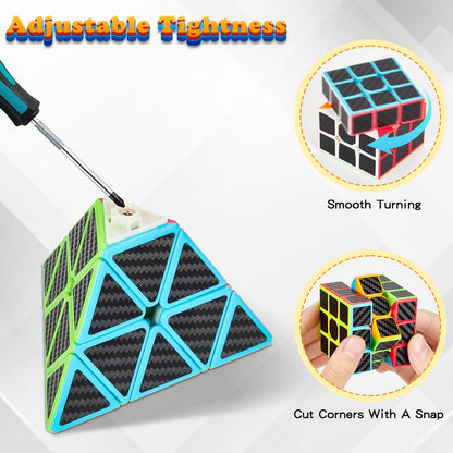 Coolzon Speed Cube Set 5 Pack Magic Puzzle Cubes Pyraminx Pyramid + Megaminx + 2x2x2 + 3x3x3 + 4x4x4 Cube Toys with Carbon Fiber Sticker for Kids Adults