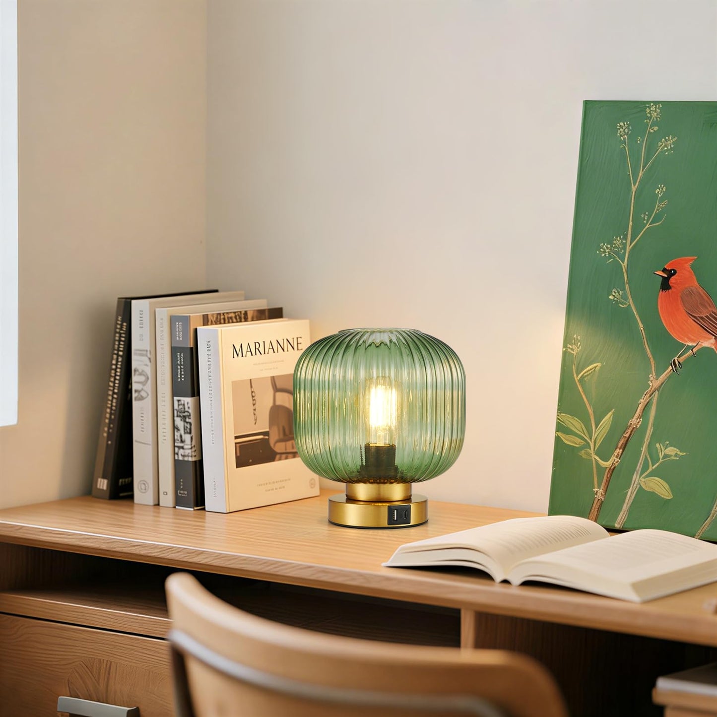 Touch Table Lamp with USB C+A Charging Ports, 3-Way Dimmable Bedside Lamp for Bedroom, Green Glass Shade & Brass Base, Plug-in E26 Desk Lamp for Nightstand Living Room Home Office Home Décor