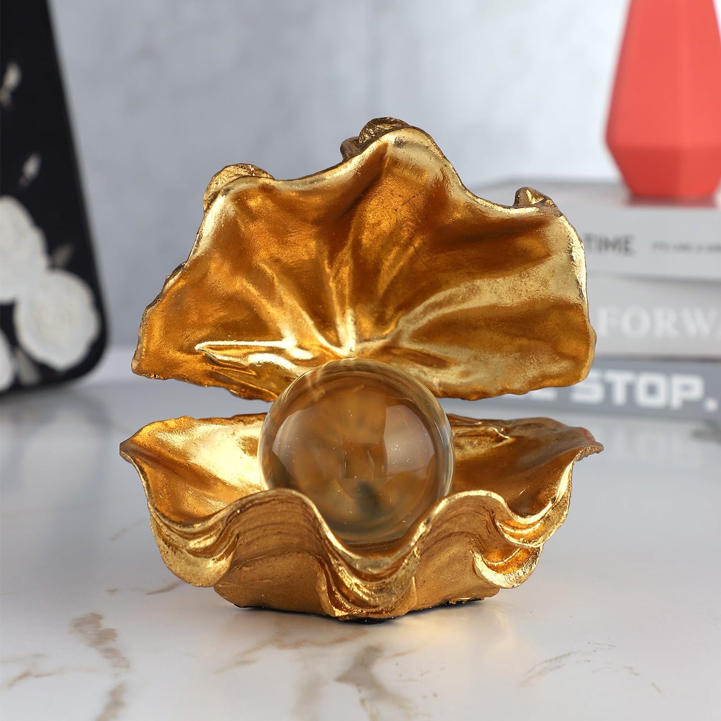 Zonsuli Pearl Oyster Statues Home Decor Living Room Decor Coffee Table Sculpture Bedroom Desk Decorations Gold Shelf Statue Office Figurine Desktop House Accent Aesthetic Collectibles Ornaments
