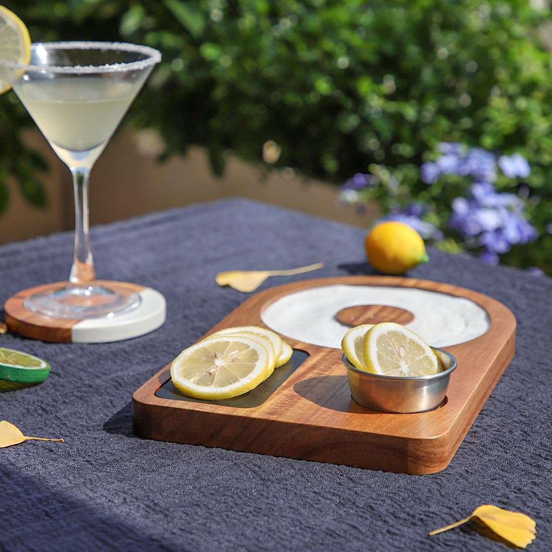 HALE OTEIR Margarita Salt Rimmer Set - Acacia Wood Cocktail Salt & Sugar Rim Maker with Slate Board, Lemon Slicer & Serving Bowl - Bartender Tools for Margaritas, Bar Accessories