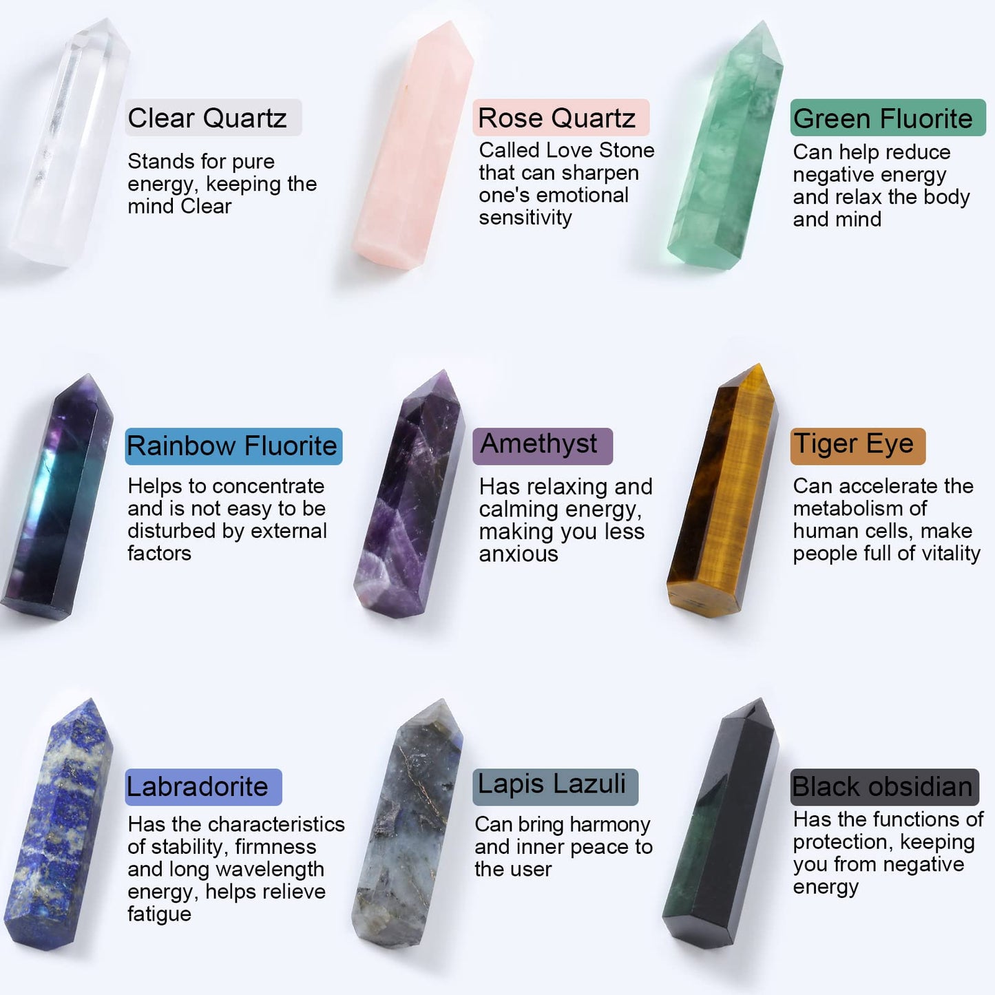 Junkin 9 Sets Healing Crystal Wand, Amethyst Rose Quartz Clear Quartz Tiger Eye Obsidian Fluorite Labradorite Lapis Lazuli for Meditation Crystal Therapy Reiki Supplies(Mixed Color,2-2.4 Inch)