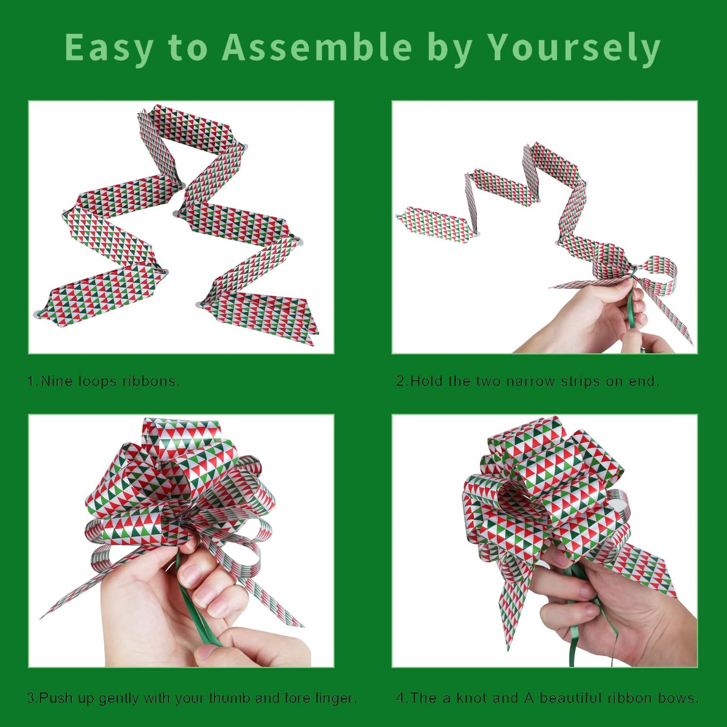 PintreeLand 24PCS Christmas Bows for Gift Wrapping, 5” Xmas Pull Bows with Ribbon Wrap Accessory for Present, Florist, Bouquet, Hamper, Basket Decor, Easy to Assemble